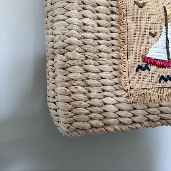 Woven Straw Tote Bag with Sailboat Embroidery - Natural - Picture 5 of 5